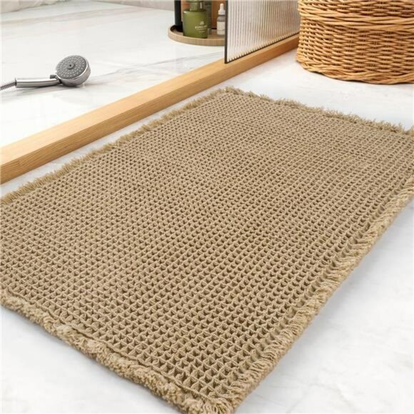 Waffle Bath Mat 17x24 Soft Absorbent Non Slip Washable Bathroom Rug with Tassels - Picture 1 of 7